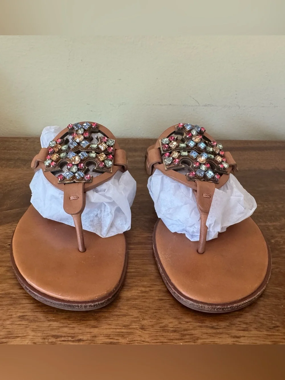 Camel Leather Tory Burch Miller Sandal Crystal Ladies Sandals Flip Flops - 9